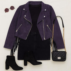 Black Faux Suede Fringe Biker Moto Jacket